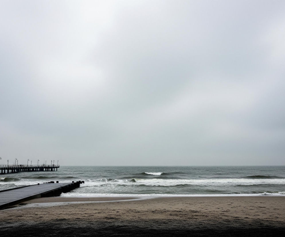 Na zdjęciu dominuje pochmurne, szare niebo, zajmujące górną połowę kadru, przechodzące w ciemniejszy odcień szarości nad horyzontem. Poniżej rozpościera się ciemne, wzburzone morze z białymi falami rozbijającymi się o piaszczystą plażę. Z lewej strony do morza wchodzi długie, drewniane molo z balustradami i kilkunastoma latarniami, a bliżej brzegu znajduje się drewniany pomost, częściowo zanurzony w wodzie.