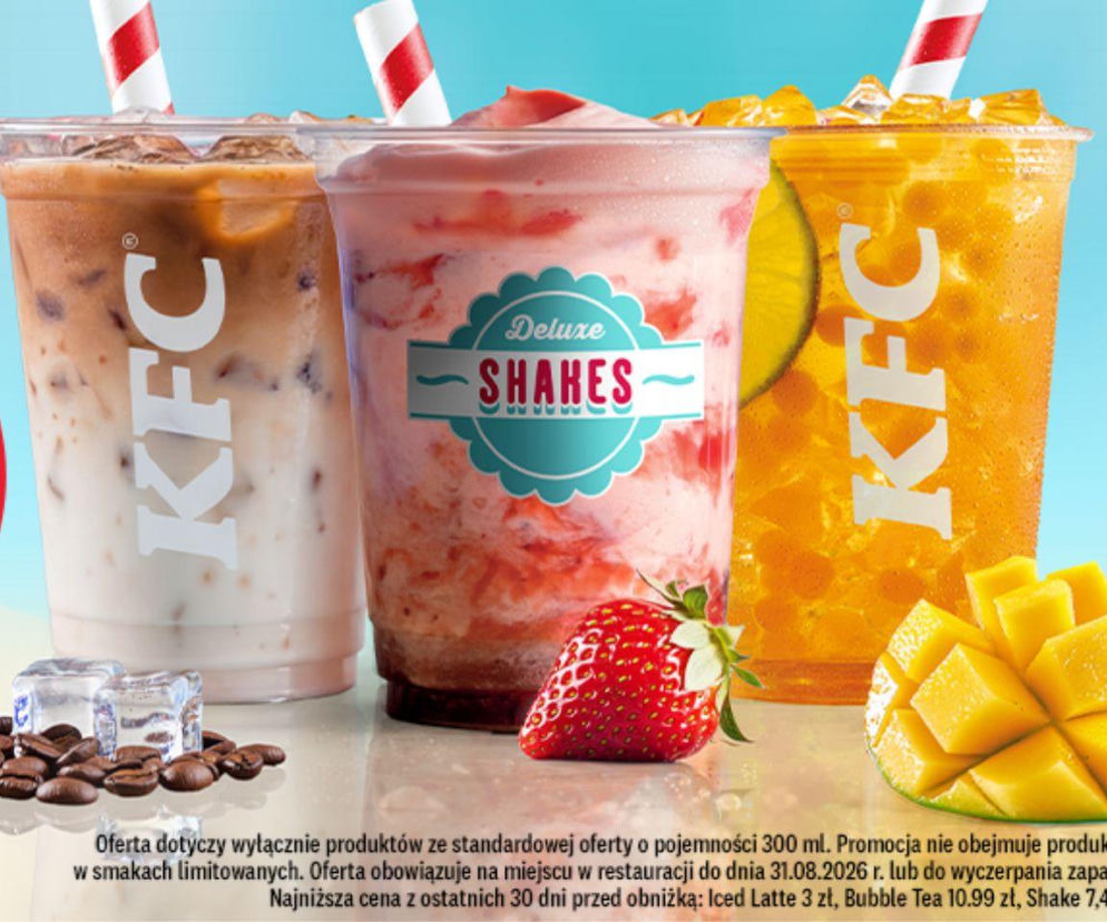 Trzy napoje KFC: Iced Latte, Shake i Bubble tea. O wakacyjnej promocji za 5 zł przeczytasz w serwisie Eska.