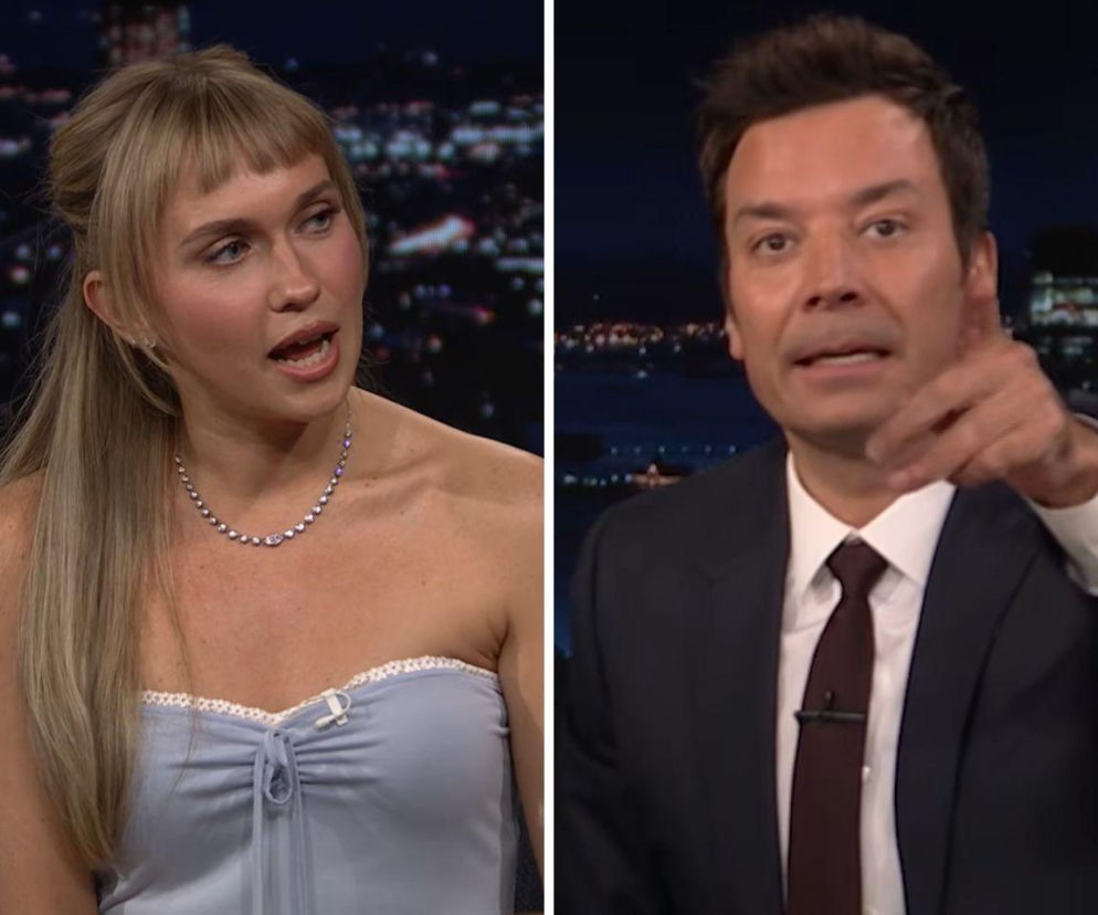 Veronika Slowikowska i Jimmy Fallon podczas wspólnego śpiewania. O występie aktorki w USA przeczytasz w serwisie Eska.