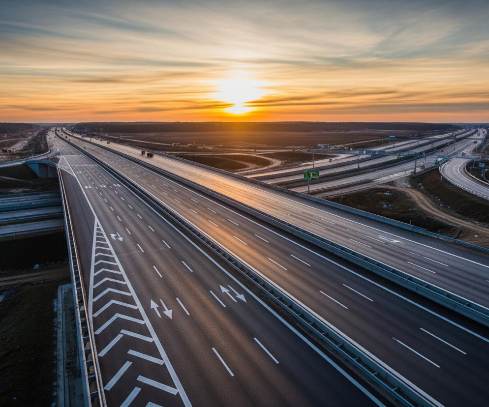 Rozległy węzeł drogowy widać z lotu ptaka o zachodzie słońca, którego blask odbija się na ciemnym asfalcie jezdni. Wielopasmowe autostrady, z wyraźnie widocznymi białymi liniami i strzałkami kierunkowymi, przecinają się i łączą za pomocą rozbudowanych łącznic i wiaduktów. Horyzont dominuje pomarańczowo-żółte słońce, malując niebo w odcieniach błękitu, pomarańczy i różu, a pod nim rozciąga się pas ciemnych drzew oraz pola, gdzie widać elementy sprzętu budowlanego.