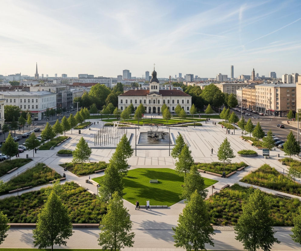 Długa perspektywa ukazuje rozległy miejski plac, otoczony budynkami i ulicami, z rzędem drzew biegnących wzdłuż alei. Centralny obszar placu jest wyłożony jasnymi płytami i posiada geometryczne rabaty z zieloną trawą oraz krzewami, a także dwie fontanny. Na dalszym planie dominują białe i jasnobrązowe budynki, w tym jeden z kopułą i wieżyczką, oraz liczne samochody zaparkowane wzdłuż ulic. Ponad miastem rozciąga się jasne, niebieskie niebo z cienkimi smugami chmur.