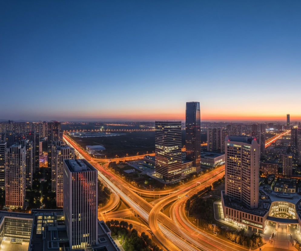 Panorama miasta nocą lub o zmierzchu, dominują wieżowce z setkami rozświetlonych okien. Centralnie znajduje się skomplikowany węzeł autostradowy z jasnymi, pomarańczowymi smugami świateł samochodów, symbolizującymi ruch drogowy. Horyzont na tle błękitnego nieba stopniowo przechodzi w pomarańczowo-różowe odcienie zachodzącego słońca. Całość ukazuje rozległą, tętniącą życiem metropolię.