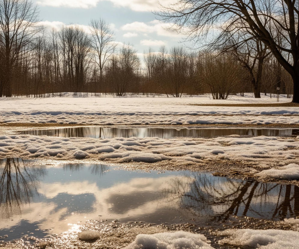 W centrum kadru rozciąga się duża kałuża, której powierzchnia odbija błękitne niebo z białymi, puszystymi chmurami oraz zarysy drzew bez liści. Brzegi kałuży i jej otoczenie pokrywa brudny, częściowo roztopiony śnieg o grudkowatej strukturze, przeplatający się z ciemnobrązową ziemią. Za kałużą rozciąga się równina pokryta białym śniegiem, za którą widać gęsty las bezlistnych drzew w odcieniach brązu i czerni. Po prawej stronie kadru, na tle lasu, dominuje duże, ciemne drzewo z rozłożystymi, nagimi gałęziami. Słońce, odbijające się w wodzie i na mokrych fragmentach ziemi, tworzy jasne refleksy.