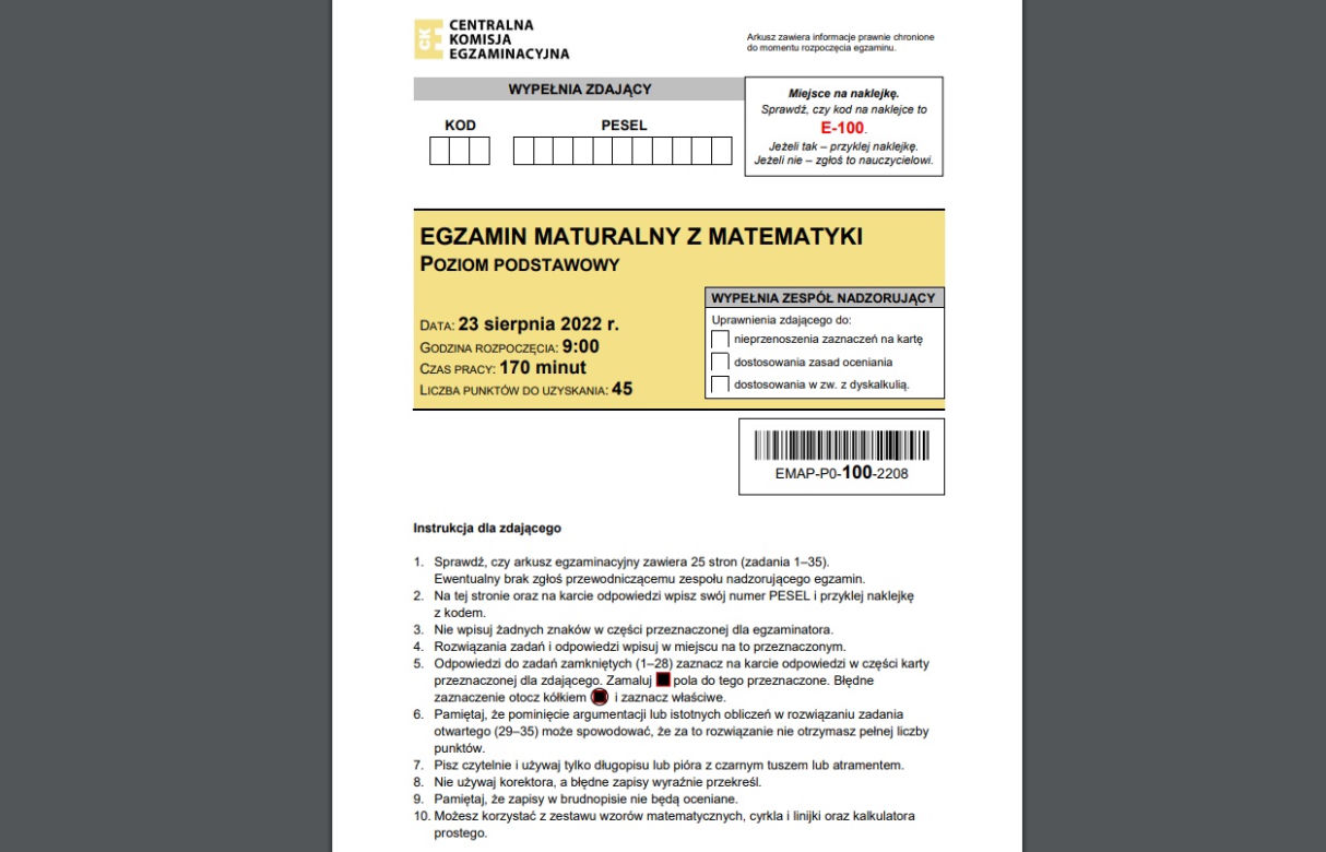 Matura poprawkowa matematyka 2022 - ARKUSZ CKE 