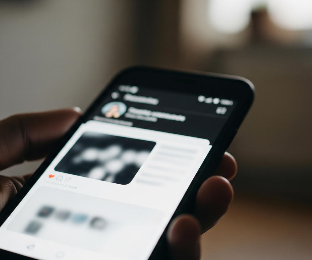 Prawa dłoń trzyma czarny smartfon, którego ekran jest częściowo widoczny. Na ekranie wyświetla się interfejs aplikacji społecznościowej, z profilem użytkownika w górnej części, zdjęciem o niewyraźnej treści w centralnej części oraz ikonami serca i dymku czatu pod nim. Tło za dłonią i telefonem jest rozmyte, z jaśniejszym obszarem w prawym górnym rogu i ciemniejszymi szaro-brązowymi tonami w pozostałej części.