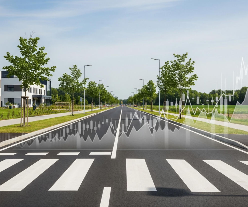 Długi, prosty odcinek asfaltowej drogi biegnie w głąb obrazu, a po obu jej stronach widoczne są nowoczesne budynki, zielone trawniki oraz rzędy młodych drzew. Na pierwszym planie znajduje się czarno-białe przejście dla pieszych. W tle, po prawej stronie drogi, rozciągają się pola uprawne i gęsty las. Przezroczysty, biały wykres giełdowy z rosnącą linią i słupkami świecowymi nałożony jest na prawą część obrazu, częściowo zasłaniając niebo, drzewa i drogę, a jego odbicie widoczne jest na mokrej nawierzchni jezdni.