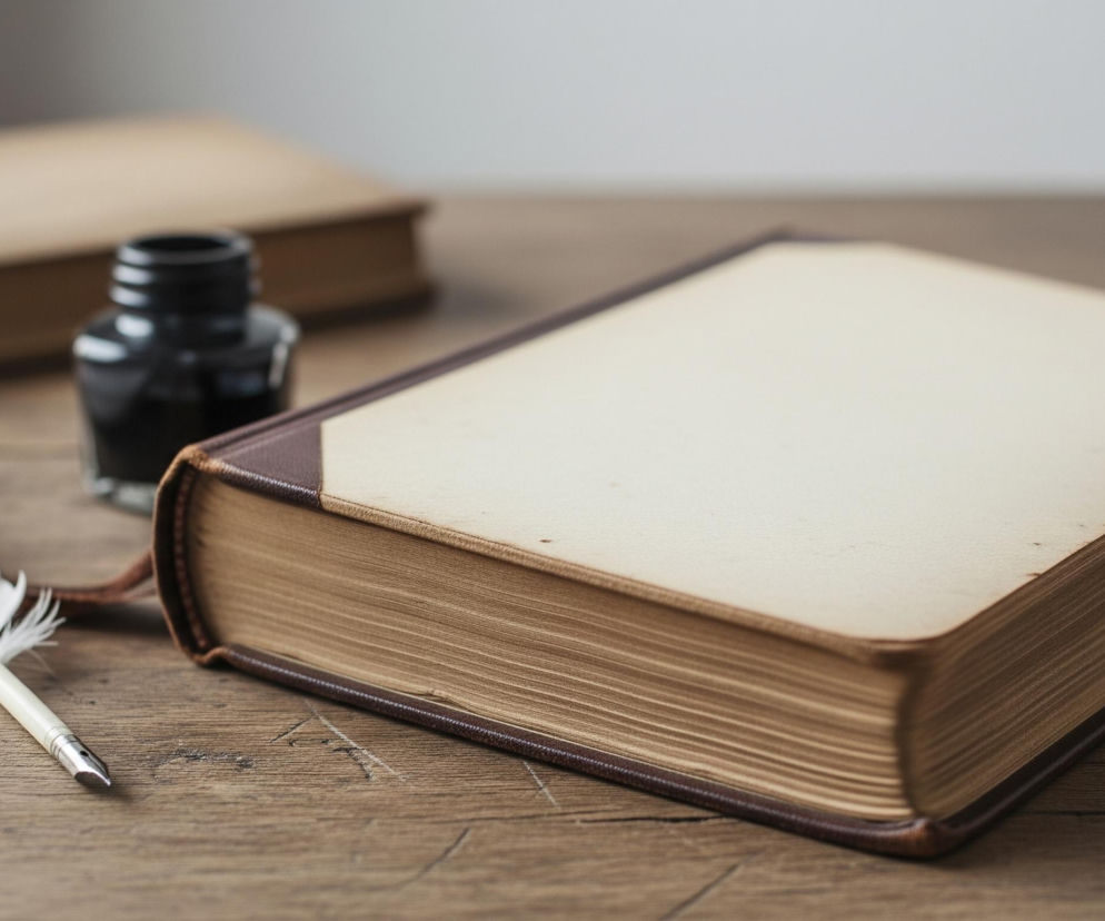 Na drewnianym, sękatym blacie leży otwarty, gruby, stary tom o beżowych, nieco pożółkłych stronach i brązowej oprawie. Obok niego, po lewej stronie, spoczywa białe ptasie pióro zakończone metalową stalówką, a za nim, lekko rozmyty, widoczny jest mały, czarny kałamarz z tuszem. W tle, również rozmyta, znajduje się druga książka o podobnej, jasnobrązowej barwie, leżąca w pozycji zamkniętej. Całość sceny jest oświetlona delikatnym, rozproszonym światłem.