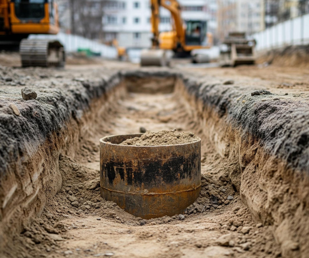 W centrum kadru, na pierwszym planie, znajduje się głęboki wykop w ziemi, tworzący prostokątny rów. Na dnie rowu spoczywa cylindryczny, metalowy obiekt, wypełniony ziemią i noszący ślady rdzy oraz czarnych zabrudzeń. Brzegi wykopu są nieregularne, usypane z piaskowo-żwirowej ziemi, a na ich powierzchni leżą pojedyncze kamienie. W tle, częściowo rozmazane, widać dwa żółte koparki gąsienicowe oraz elementy konstrukcji budowlanej, w tym białe ogrodzenie i niewyraźne budynki.