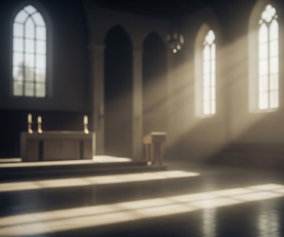 Wnętrze dużego, ciemnego pomieszczenia z wysokimi, łukowatymi oknami, z których wpada jasne światło słoneczne, tworząc smugi na podłodze. Po lewej stronie widoczne jest podwyższenie z drewnianym ołtarzem i dwoma świecznikami, a nieco dalej w prawo mównica. Pomieszczenie charakteryzuje się architekturą nawiązującą do gotyckich kościołów, z widocznymi filarami i łukowymi sklepieniami, wszystko jest rozmyte, z efektem płytkiej głębi ostrości.