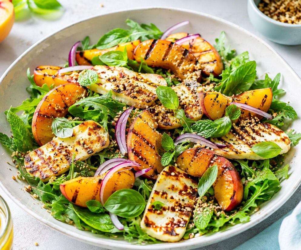 Brzoskwinie wrzucam na patelnię razem z halloumi. Ta sałatka spokojnie zastąpi lunch lub kolację