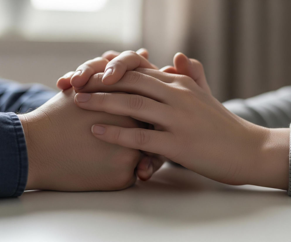 Dwie osoby trzymają się za ręce na jasnym stole, oświetlonym od przodu. Lewa dłoń, należąca do osoby w granatowej koszuli o widocznej fakturze materiału, jest spleciona z prawą dłonią osoby w szarym, prążkowanym swetrze. Palce prawej dłoni delikatnie obejmują wierzch lewej dłoni. W tle widać rozmyte okno z jasnym światłem po lewej stronie oraz ciemniejszą, jednolitą zasłonę po prawej.