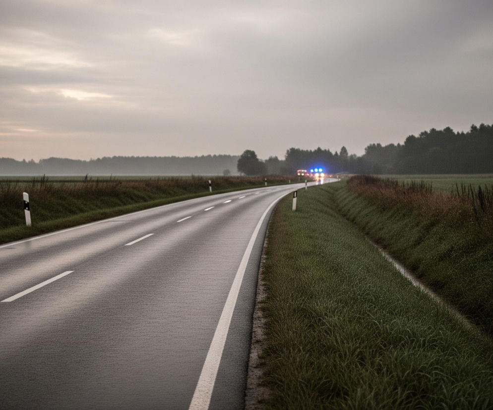 Asfaltowa, mokra droga biegnie w głąb obrazu, łagodnie zakręcając w prawo w oddali. Po obu stronach drogi rozciągają się trawiaste pobocza, za którymi widać pola i ciemne sylwetki lasów. Na horyzoncie, w miejscu zakrętu, widać migające niebieskie światła, sugerujące obecność pojazdów uprzywilejowanych. Niebo jest pochmurne i szare, a ogólna atmosfera jest ponura, co potęguje wrażenie wczesnego ranka lub zmierzchu.