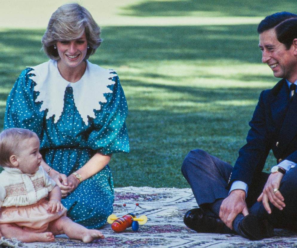 Uśmiechnięta Diana i Karol siedzą na trawie z małym synem. O rocznicy ślubu stulecia pary przeczytasz w serwisie Eska.