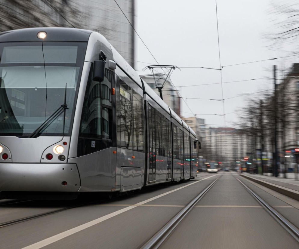 Srebrny tramwaj z ciemnym dachem i włączonymi światłami przednimi porusza się po torach, widoczny od przodu i z lewego boku, dominując nad lewą stroną kadru. Odbicia drzew i miejskich budynków są widoczne w jego bocznych szybach. Tło stanowi rozmyta miejska sceneria z budynkami o szarych fasadach i nagimi drzewami po obu stronach ulicy, co sugeruje ruch. Na pierwszym planie, równolegle do tramwaju, biegną stalowe tory kolejowe w szarej nawierzchni, a w oddali widać niewyraźne światła pojazdów i sygnalizacji świetlnej.