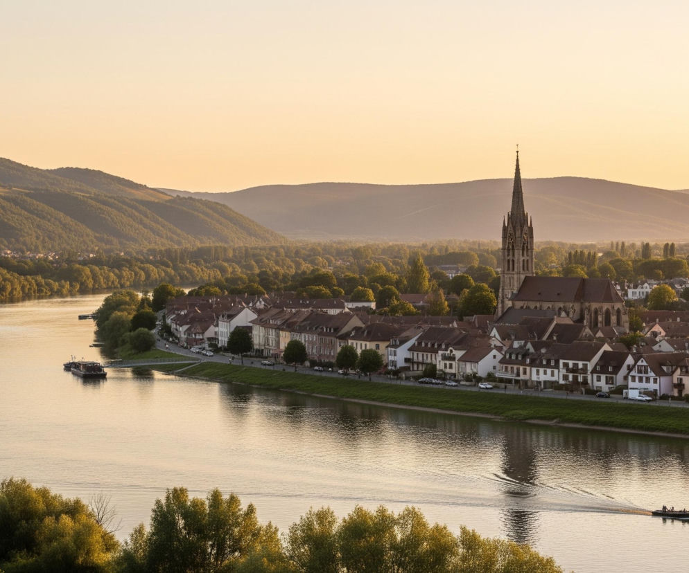 Rozległy widok lotniczy ukazuje rzekę płynącą przez dolinę, otoczoną zalesionymi wzgórzami, w ciepłym, złotym świetle zachodzącego słońca. Po prawej stronie rzeki, wzdłuż jej brzegu, rozciąga się pasmo białych domów z czerwonymi dachami, a za nimi wznosi się imponujący kościół z wysoką, gotycką wieżą i spiczastym dachem, dominujący nad panoramą miasteczka. Na rzece płyną dwie barki towarowe i jedna mniejsza łódź motorowa, pozostawiające za sobą smugi na powierzchni wody, a na brzegu, przed domami, widać drogę z zaparkowanymi samochodami.