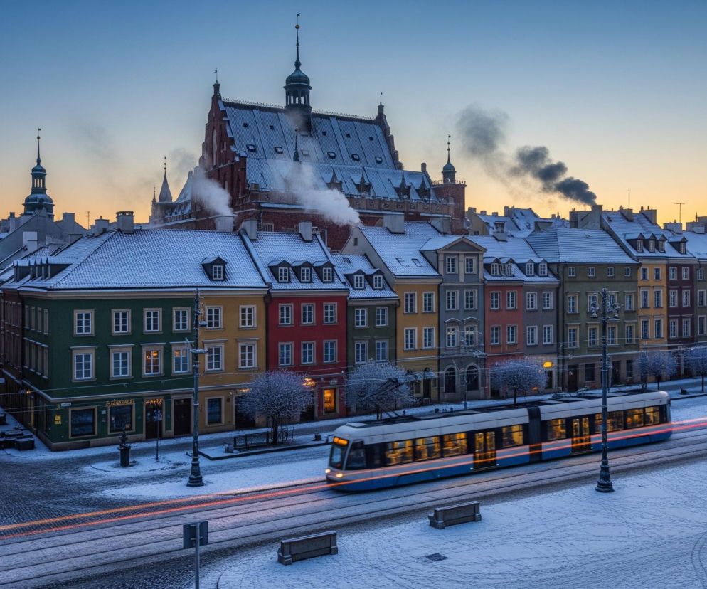 Zimowy krajobraz miejski o zmierzchu lub świcie. Centralny element stanowi jadący tramwaj w kolorze białym z niebieskimi pasami, pozostawiający za sobą smugi światła o barwie pomarańczowo-czerwonej na ośnieżonych torach. W tle znajduje się rząd kolorowych kamienic o różnych odcieniach, takich jak zielony, żółty, czerwony i szary, z dachami pokrytymi śniegiem, z których unosi się para. Dominującym budynkiem jest duży, czerwony gmach o spadzistym dachu, również zaśnieżonym, z wieloma kominami, z których wydobywa się dym, oraz z wysokimi wieżyczkami. Niebo przechodzi od błękitu w górnej części do pomarańczu na horyzoncie.