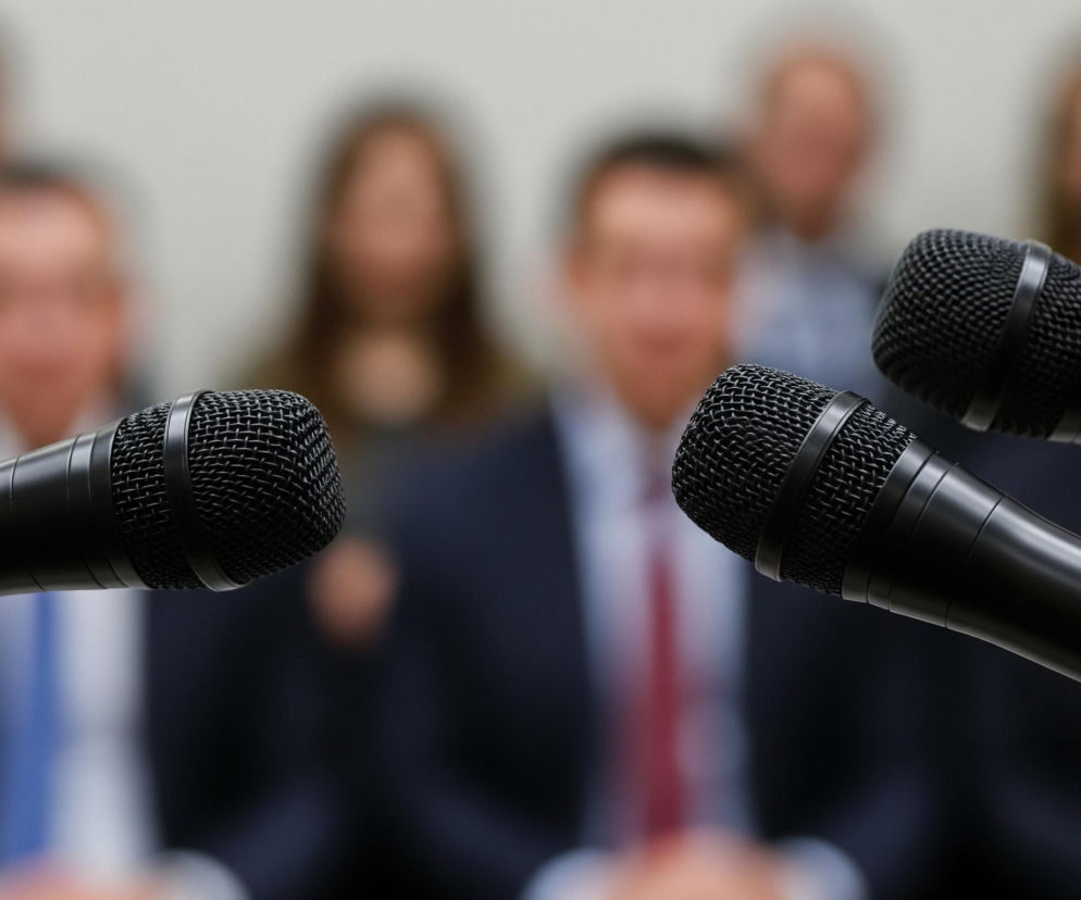 Cztery czarne mikrofony na statywach dominują na pierwszym planie, z ostrością skupioną na ich kratkowych głowicach i gładkich korpusach. Lewy mikrofon jest pojedynczy, a po prawej stronie widać trzy mikrofony ustawione pod różnymi kątami. W tle, rozmyte postacie w formalnych strojach, w tym mężczyźni w garniturach z krawatami i kobiety, tworzą widownię lub grupę uczestników. Tło jest jasne, prawdopodobnie to ściana lub inna powierzchnia.