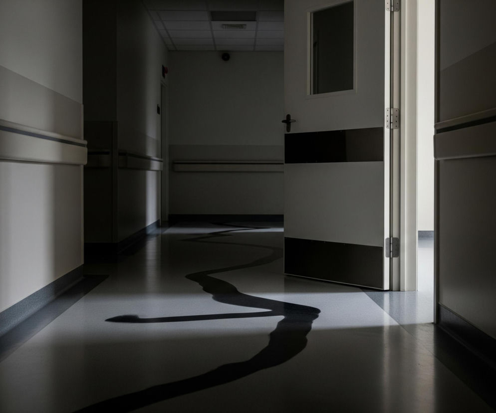 Długi, słabo oświetlony korytarz z otwartymi drzwiami na prawym planie, przez które wpada jasne światło. Ściany korytarza są białe z ciemnymi pasami na dole i u góry, zaś podłoga jest w odcieniach szarości z wijącymi się czarnymi liniami. Światło zza otwartych drzwi tworzy na ścianach i podłodze ostry kontrast między jasnymi a ciemnymi obszarami, podkreślając geometryczne kształty. W głębi korytarza widać kolejne drzwi, a nad nimi, na suficie, widoczna jest siatka kasetonowa oraz pojedyncza lampa.