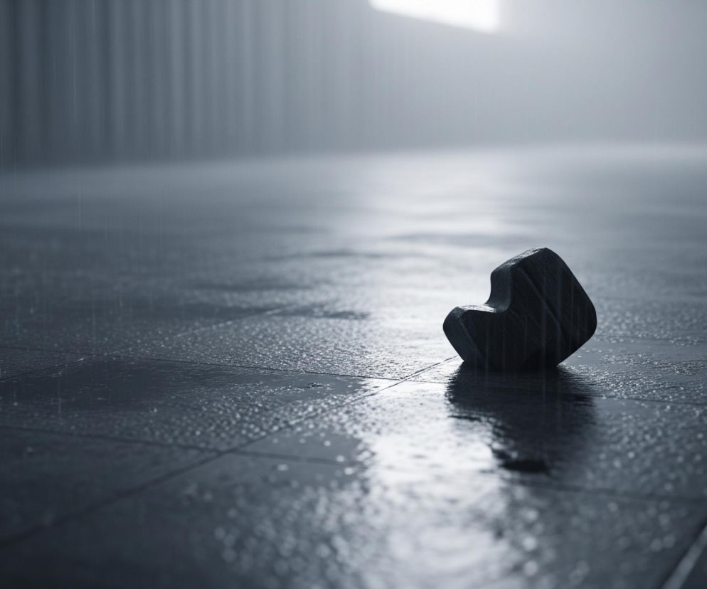 Centralnym elementem obrazu jest ciemny, nieregularny obiekt przypominający kamień, umieszczony po prawej stronie na pierwszym planie, częściowo odbijający się w mokrej powierzchni. Podłoże to ciemnoszare, wilgotne płyty, na których widać liczne krople wody oraz drobne kałuże, tworzące odbicia światła. W tle widoczna jest zamglona przestrzeń o szaro-niebieskich odcieniach, z dominującym jasnym, prostokątnym źródłem światła w górnym prawym rogu, a po lewej stronie majaczą niewyraźne, pionowe kształty. Cała scena jest utrzymana w chłodnej tonacji, z dominacją szarości, błękitów i bieli, a delikatne smugi sugerują padający deszcz lub mgłę.