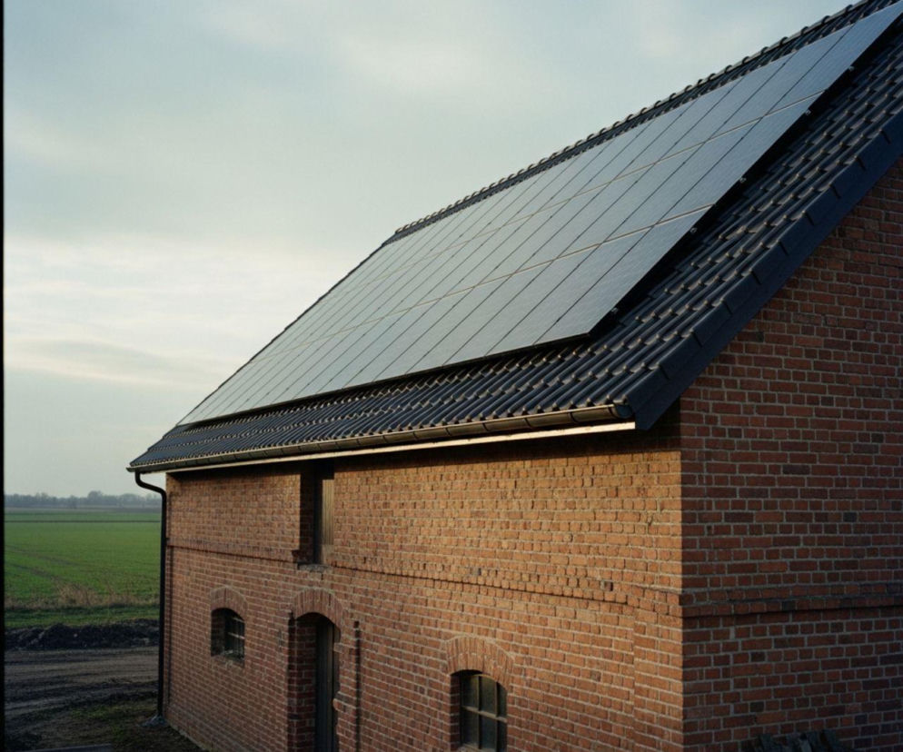 Stodoła z cegły z nowoczesnymi panelami fotowoltaicznymi na dachu, symbolizująca inwestycje w zieloną energię i możliwość obniżenia podatku rolnego. O korzyściach z fotowoltaiki dla rolników przeczytasz na Super Biznes.