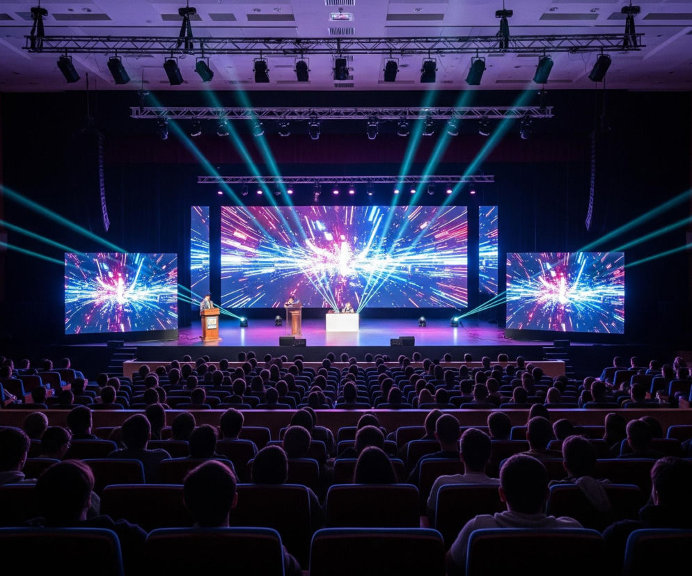 Duża sala konferencyjna lub audytoryjna, wypełniona publicznością, patrzy w kierunku oświetlonej sceny. Scena posiada trzy duże ekrany LED wyświetlające dynamiczne, abstrakcyjne wzory świetlne w odcieniach niebieskiego, fioletowego i różowego, przypominające fajerwerki lub rozbłyski cząstek. Na środku sceny, przed ekranami, znajdują się dwa drewniane pulpity, a przy jednym z nich stoi osoba przemawiająca, podświetlona przez lasery i reflektory. Wielokolorowe wiązki laserów w kolorze zielonym i fioletowym przecinają przestrzeń nad sceną i publicznością, tworząc dynamiczny efekt wizualny, podczas gdy górna część pomieszczenia jest wyposażona w szereg reflektorów i kratownic. Widownia siedzi na rzędach krzeseł, przeważnie w ciemnych kolorach, a sylwetki ludzi są widoczne od tyłu, zanurzone w półmroku, co kontrastuje z jasną sceną.