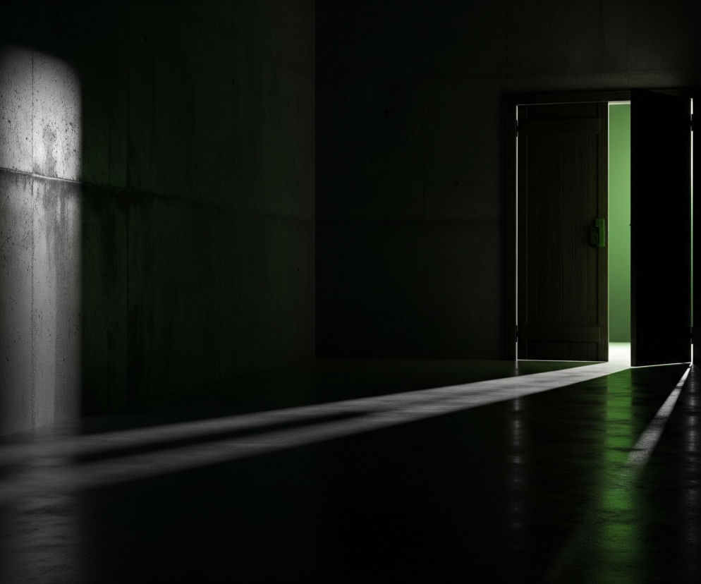 Ciemny, pusty korytarz, wykonany z szarego, ziarnistego betonu, rozciąga się w głąb obrazu. Po prawej stronie widać otwarte drewniane drzwi, przez które wpada intensywne, zielonkawe światło, oświetlając fragment podłogi i tworząc długi cień. Z lewej strony na ścianie pojawiają się jaśniejsze smugi światła, przypominające kraty. Całe pomieszczenie jest zanurzone w głębokim półmroku, jedynie podłoga częściowo odbija zieloną poświatę.