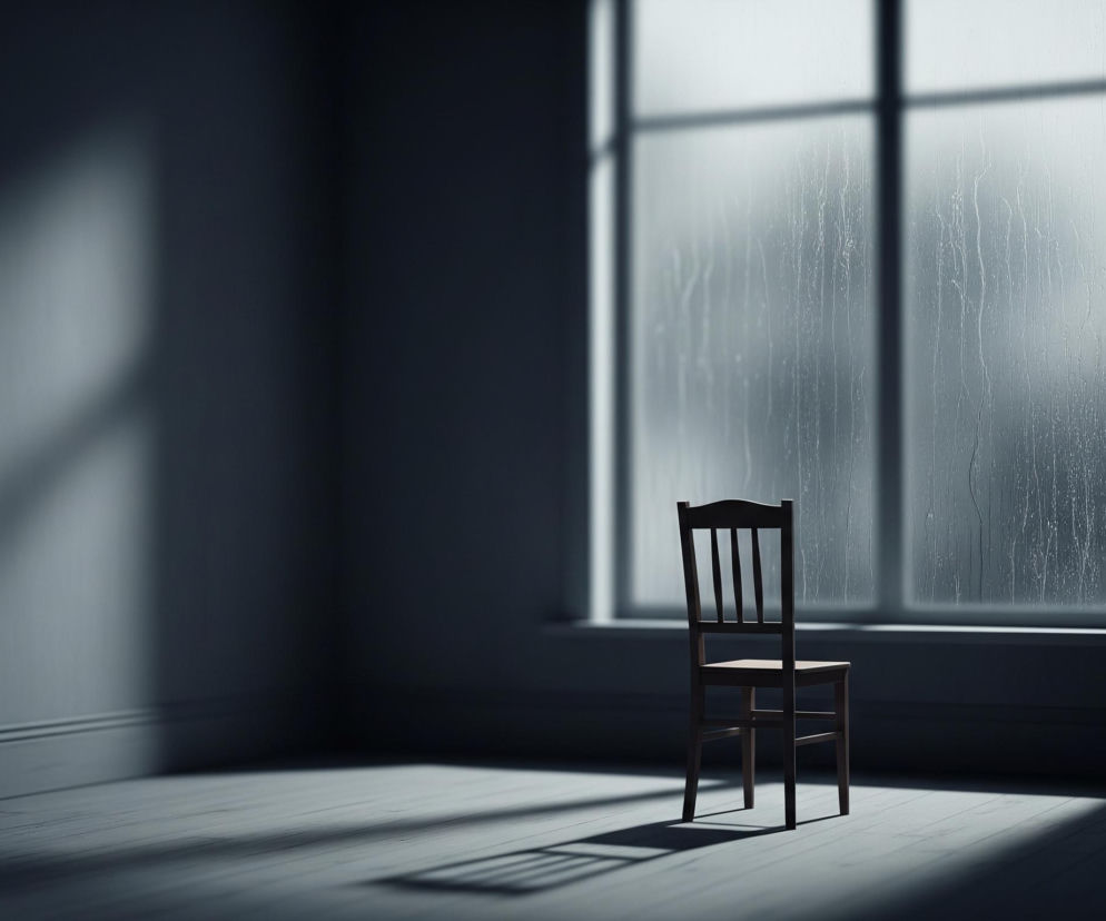 W centrum ciemnego pomieszczenia, skierowane tyłem do dużego okna, stoi proste drewniane krzesło z czterema pionowymi szczeblami w oparciu. Światło padające z zewnątrz tworzy na podłodze wyraźny, wydłużony cień krzesła, a także rozjaśnia części ściany i podłogi. Okno z szybami pokrytymi kroplami deszczu rozciąga się niemal na całą szerokość prawej strony obrazu, a jego podział widać jako ciemniejsze ramy. Całe pomieszczenie utrzymane jest w monochromatycznej palecie szarości i błękitów.