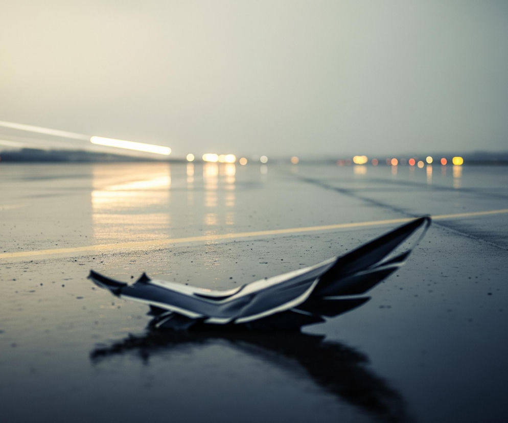 Na pierwszym planie, centralnie, leży czarny, lekko zgnieciony obiekt, przypominający element samolotu lub uszkodzoną obręcz, odbijający się w mokrej nawierzchni. Tło stanowi rozmyty pas startowy z żółtą linią, pokryty kroplami deszczu lub rosą. Dalej w oddali widać rozmyte smugi jasnego światła, prawdopodobnie reflektorów, oraz liczne, różnokolorowe punkty świetlne, w tym żółte i czerwone, które odbijają się w wilgotnej powierzchni. Cała scena jest utrzymana w chłodnych barwach szarości, błękitu i czerni, z kontrastującymi ciepłymi akcentami świateł.