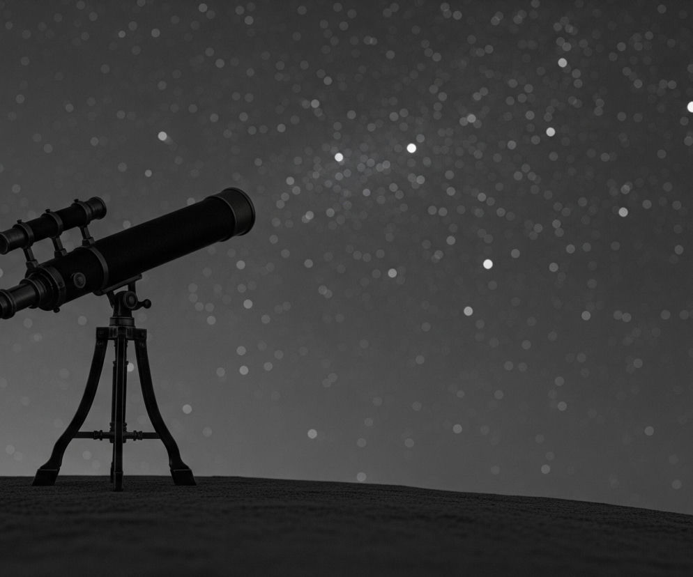 Czarny teleskop na trójnogu stoi na ciemnym gruncie, skierowany w lewo i lekko w górę. Tło stanowi ciemne, gwieździste niebo, z licznymi rozmyty-białymi punktami o różnych rozmiarach, imitującymi gwiazdy. Obraz utrzymany jest w monochromatycznej tonacji szarości.