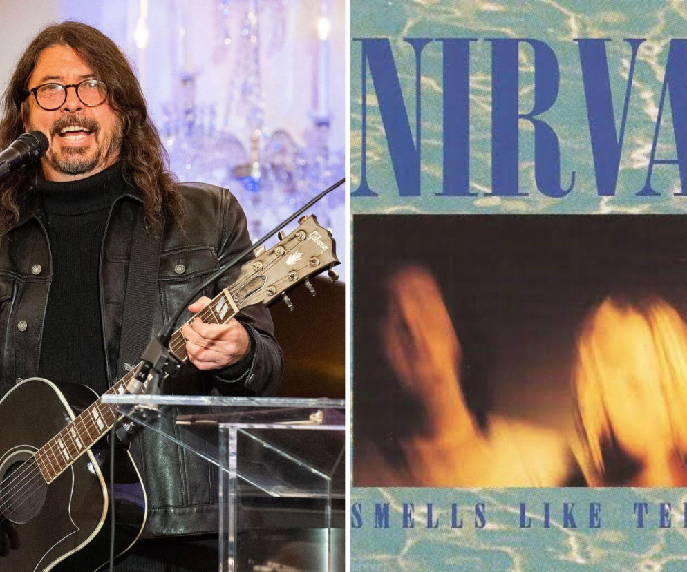 Dave Grohl z gitarą przy mikrofonie. Obok okładka singla Smells Like Teen Spirit. O historii Nirvany czytaj w EskaRock.