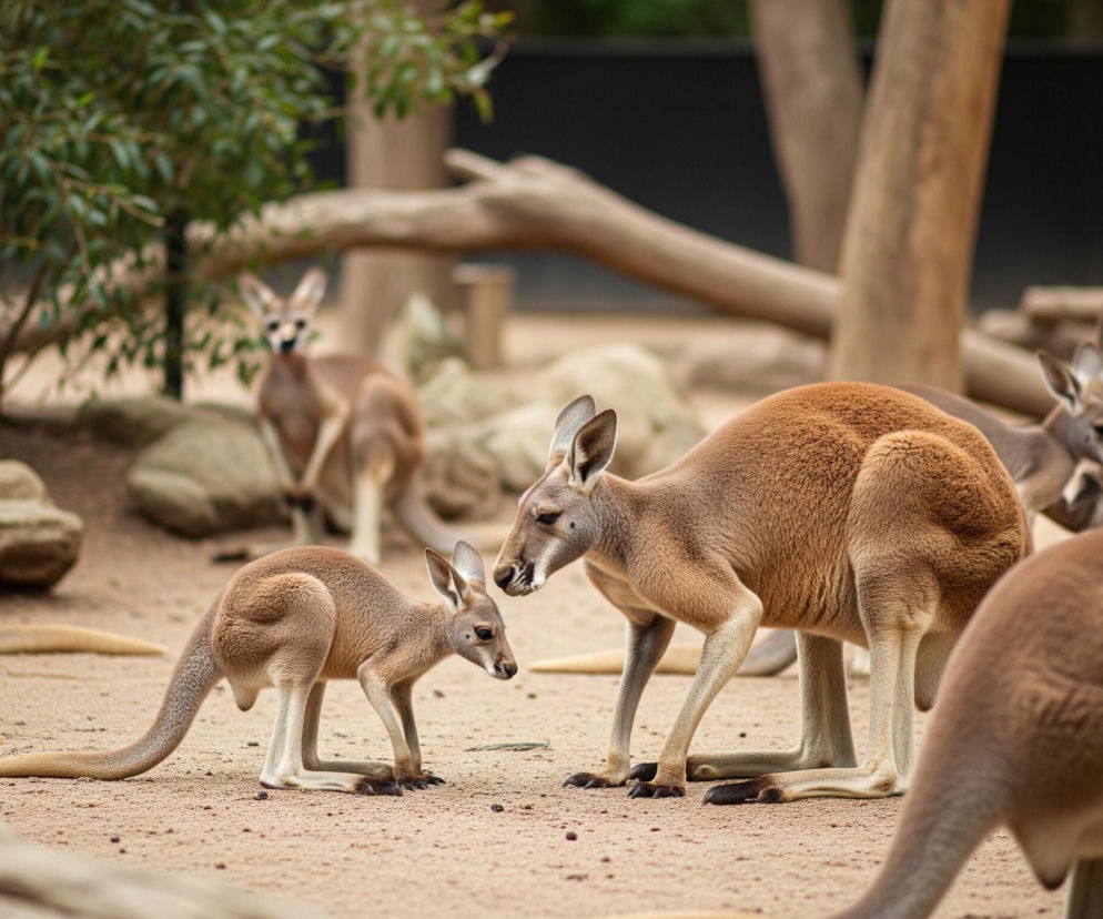 W centrum obrazu znajduje się duży kangur w rudobrązowym ubarwieniu, stojący na tylnych łapach i przednimi lekko opierający się o ziemię, z pyskiem skierowanym w dół, blisko małego kangura o jaśniejszym, piaskowym futrze, który także stoi na czterech łapach i ma głowę uniesioną w stronę większego osobnika. W tle, po lewej stronie, widać część ciała innego dużego kangura, od tułowia w dół, ze spiczastym ogonem. W dalszej perspektywie, po lewej i prawej stronie, widać kolejne kangury, niektóre stojące, inne częściowo zasłonięte, wszystkie w podobnych odcieniach brązu. Scena rozgrywa się na piaszczystym, beżowym podłożu, z zielonymi krzewami i brązowymi pniami drzew oraz powalonymi konarami w tle, tworząc naturalne otoczenie.