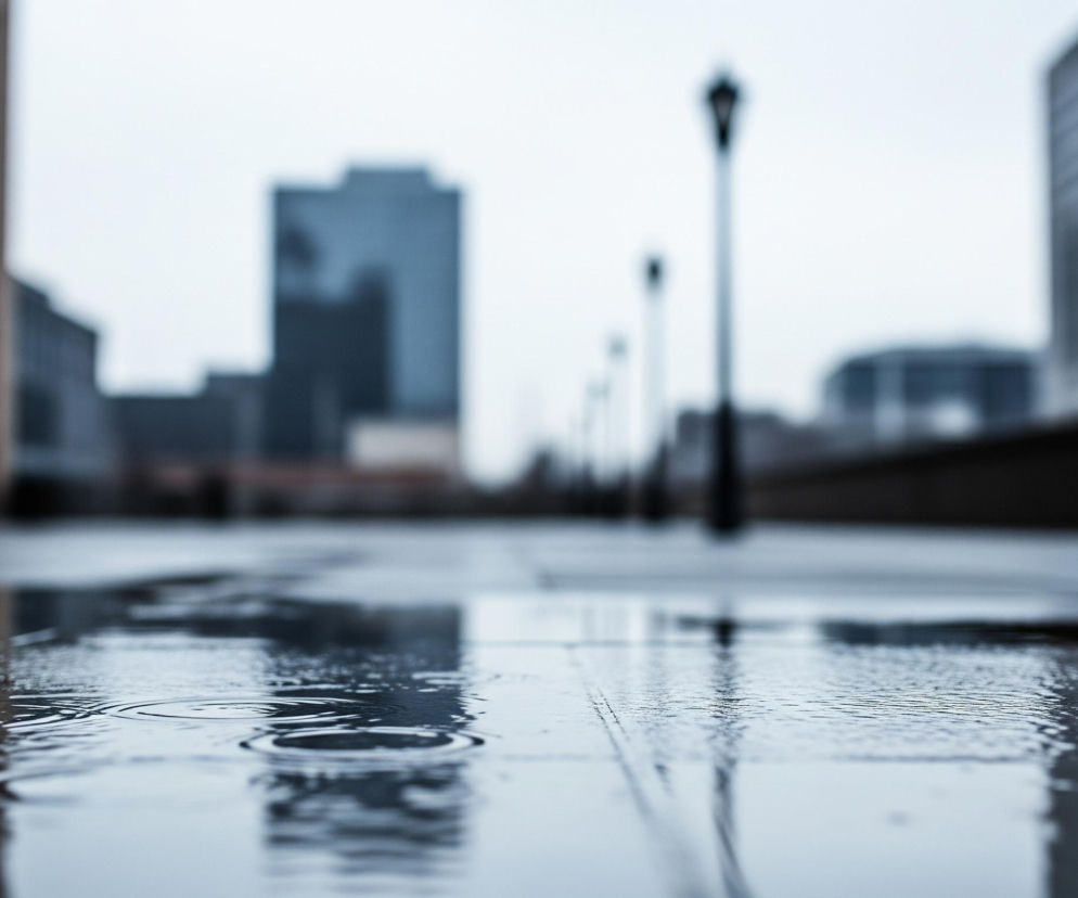 Pierwszy plan przedstawia mokrą, ciemną powierzchnię, prawdopodobnie chodnik, z widocznymi kałużami i falami na wodzie, tworzącymi okręgi od kropel deszczu. Na powierzchni odbijają się zamazane, pionowe kształty. W tle rozciąga się miejski krajobraz z rozmazanymi, wysokimi budynkami o prostych kształtach oraz rzędem latarni ulicznych, również nieostrych. Ogólna kolorystyka jest chłodna, z dominacją szarości i błękitów, co nadaje scenie mglisty lub deszczowy nastrój.