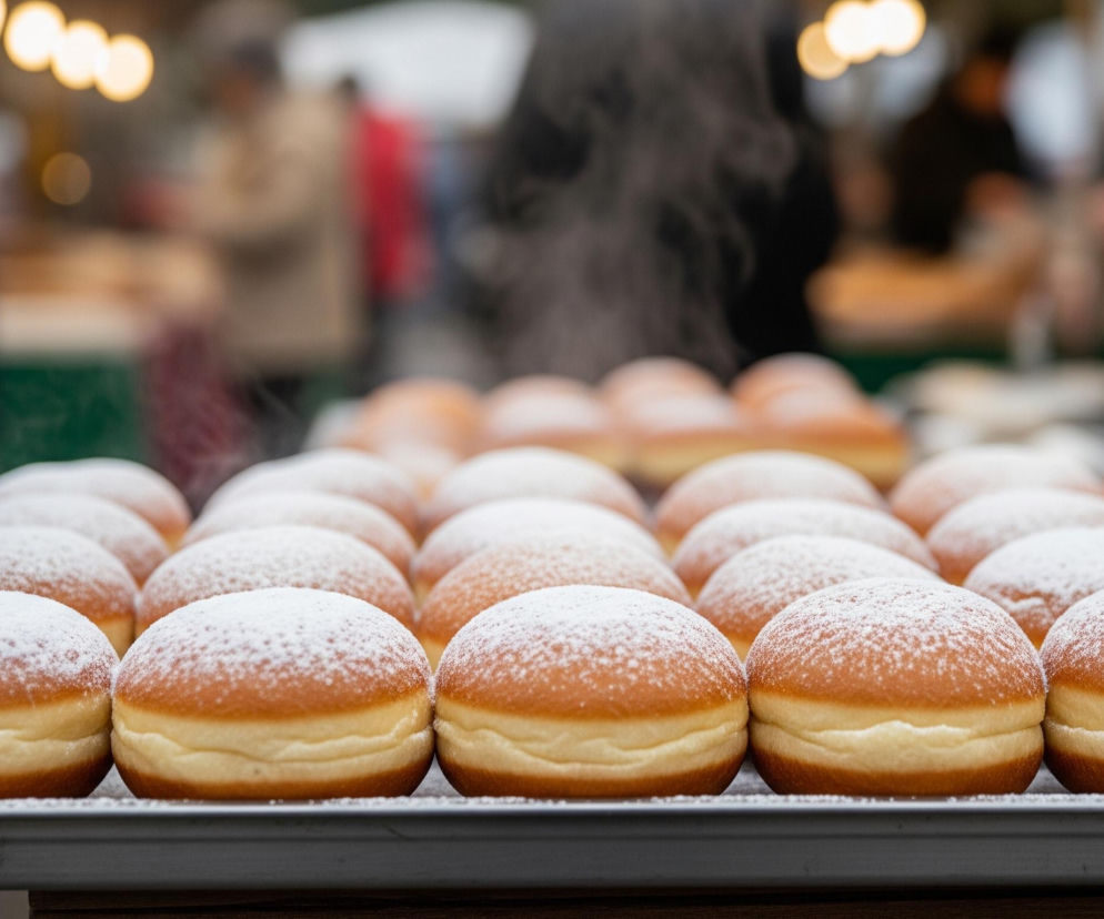 Na pierwszym planie, w centralnej części zdjęcia, widać szereg jasnozłocistych pączków, ułożonych na metalowej blasze. Każdy pączek jest obficie posypany białym cukrem pudrem, a z lewej strony unosi się delikatna para. Tło jest rozmyte, ukazując niewyraźne sylwetki ludzi oraz jasne, rozmyte światła w górnej części kadru, sugerujące nocną scenerię lub słabe oświetlenie w tle.