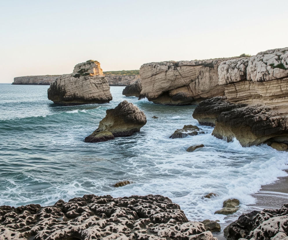 Skaliste wybrzeże z błękitnymi wodami morza. Po prawej stronie dominują wysokie, warstwowe klify o jasnobrązowej barwie, z zielonkawymi porostami na szczytach. W morzu, po lewej i w centrum, znajdują się duże, samotne formacje skalne, niektóre z nich częściowo zanurzone w spienionej wodzie. Fale rozbijają się o brzeg, tworząc białą pianę, która dociera do piaszczystej plaży po prawej stronie kadru, gdzie leżą rozrzucone kamienie.