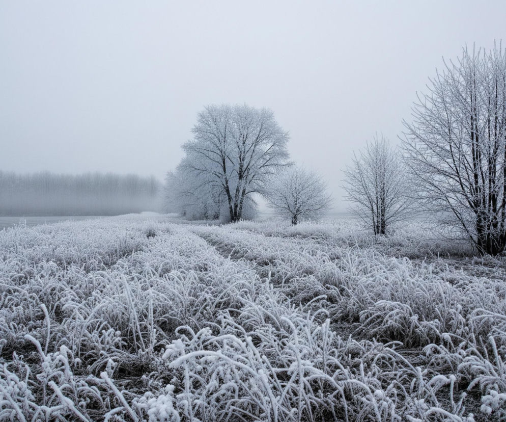 Rozległe pole, pokryte gęstą, szronową roślinnością, dominuje dolną połowę kadru. Droga, lekko wydeptana i również pokryta szronem, wije się przez środek pola, prowadząc w głąb obrazu. Po prawej stronie drogi rosną wysokie drzewa, których nagie gałęzie są całkowicie oszronione, tworząc srebrzysto-białe korony, kontrastujące z ciemniejszymi pniami. W oddali, za polem i drzewami, widoczna jest linia lasu, zlewająca się z mlecznym, jasnoszarym niebem.