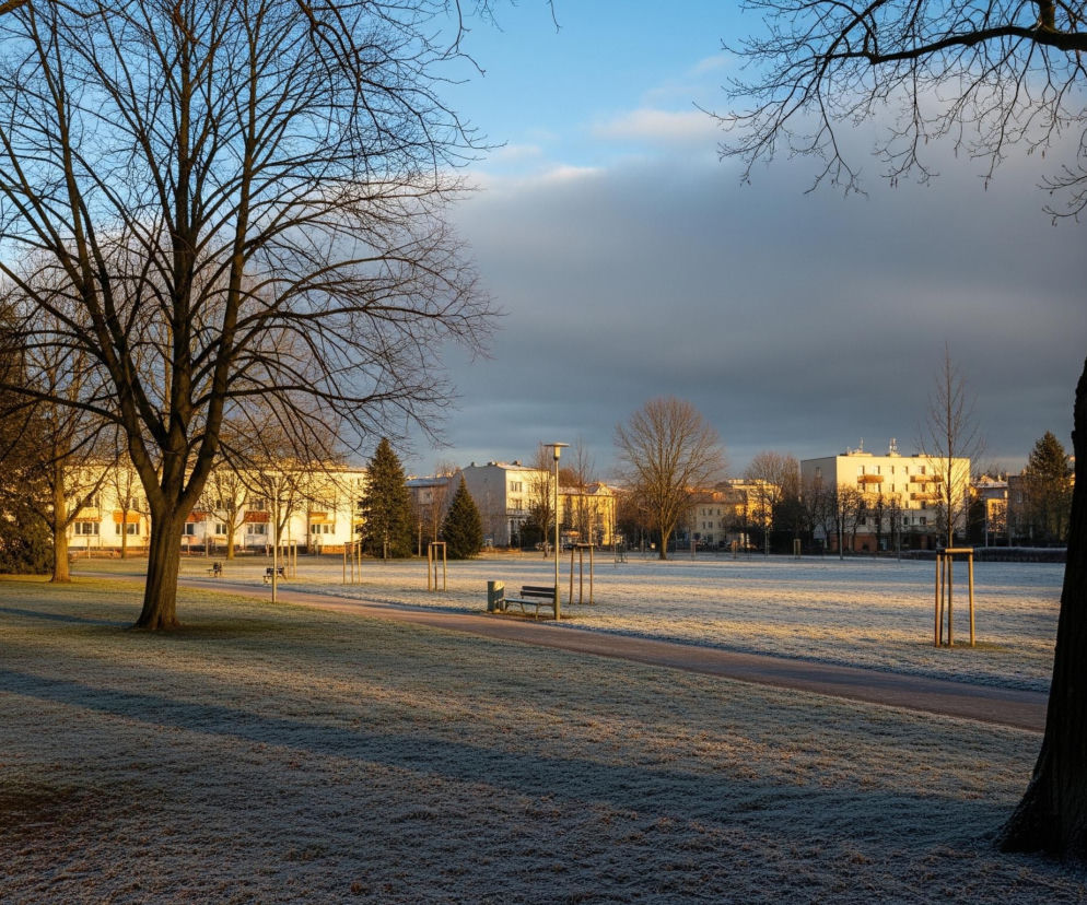 Centralną część kadru zajmuje rozległy park z trawnikiem pokrytym szronem, oświetlonym skośnym, złotym światłem słonecznym tworzącym długie cienie. Na pierwszym planie po lewej i prawej stronie widoczne są pnie dużych, bezlistnych drzew. Przez park przebiega asfaltowa ścieżka, wzdłuż której ustawiono ławki i latarnie. W tle widać rzędy budynków mieszkalnych o jasnych elewacjach, również częściowo oświetlonych słońcem, a za nimi błękitne niebo z częściowo zachmurzonym horyzontem.