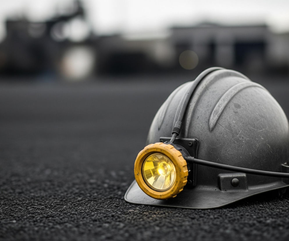 Szary kask roboczy z żółtą lampą czołową leży na czarnym, żwirowym podłożu, zajmując prawą część kadru. Lampa emituje jasne, żółte światło. Tło jest rozmyte, widoczne są jedynie niewyraźne, ciemne kształty obiektów oraz jaśniejsze, szare niebo.