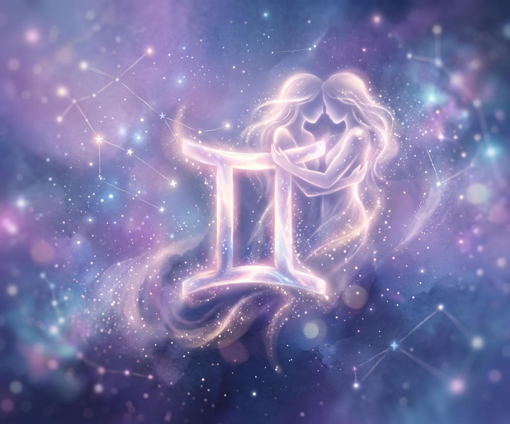 Znak zodiaku Bliźnięta i dwie splecione świetliste sylwetki na tle kosmosu. O horoskopie przeczytasz na Eska.