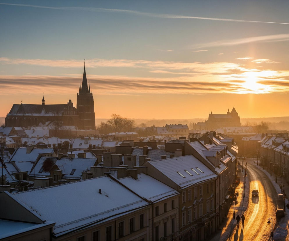 Zimowy, miejski krajobraz o zachodzie słońca ukazuje miasto pokryte śniegiem, z dachami domów i ulicami pobielonymi grubą warstwą białego puchu. W centrum kadru dominuje smukła wieża kościoła z ostrym szczytem, otoczona niższymi budynkami. Z prawej strony obrazu, wzdłuż oświetlonej przez słońce ulicy, ciągnie się rząd kamienic, z których niektóre mają na dachach okna połaciowe i kominy. Zachodzące słońce, znajdujące się w prawej górnej części, rozświetla horyzont pomarańczowo-złotym blaskiem, rzucając długie cienie na śnieżną ulicę, po której poruszają się samochody i przechodnie. Niebo zmienia się od głębokiego błękitu w górnej części, przez delikatne różowe i pomarańczowe pasma chmur, aż po intensywny złoty odcień w pobliżu słońca.