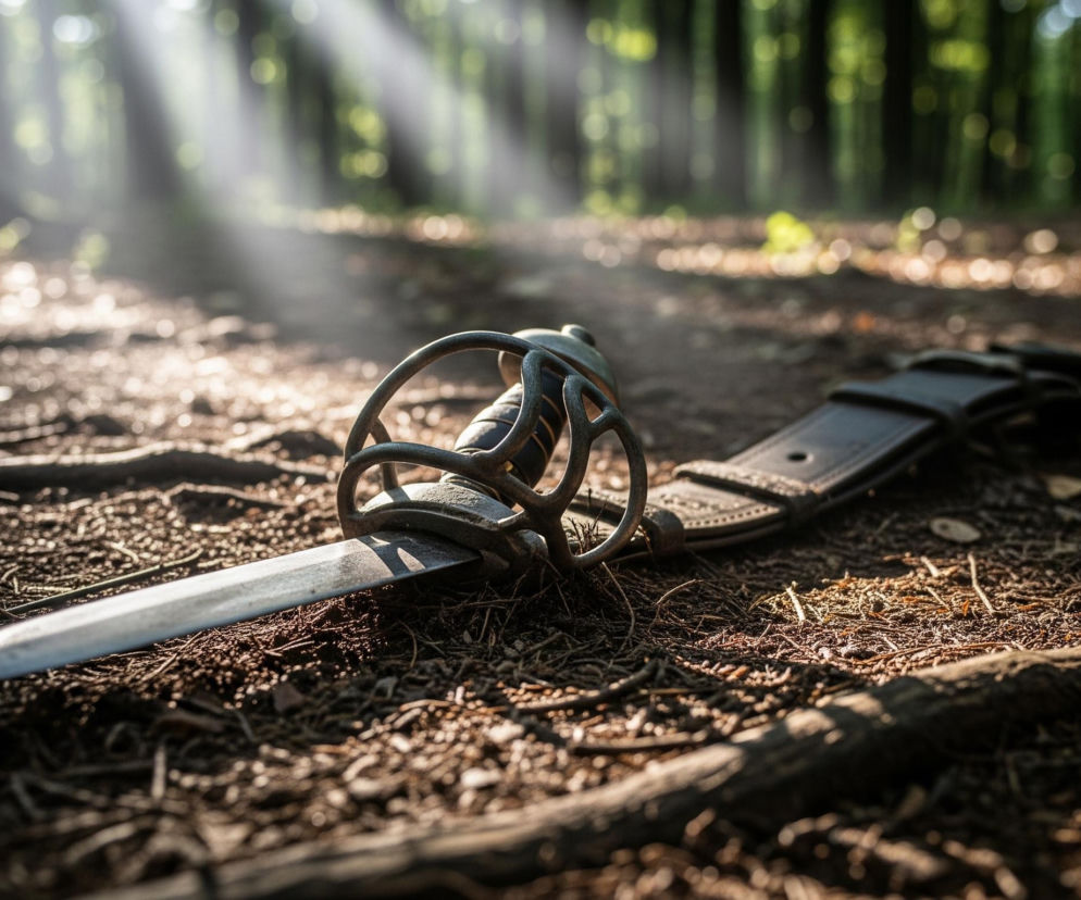 Długi miecz o metalowej rękojeści z ozdobnym, ażurowym jelcem leży na ziemi porośniętej drobnymi gałązkami i liśćmi. Obok głowni miecza, częściowo pod nią, znajduje się ciemny, skórzany pas z klamrą. Promienie słońca przebijają się przez korony drzew w tle, tworząc jasne smugi światła na leśnej ścieżce i częściowo oświetlając miecz oraz ściółkę. Tło jest rozmyte, dominują w nim ciemne pnie drzew i zielone liście, z kilkoma jasnymi, rozproszonymi plamami światła.