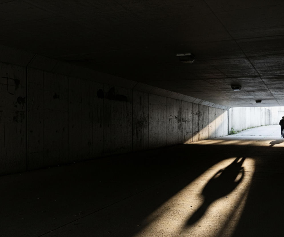 Przechodzień w czarnej kurtce z plecakiem idzie środkiem betonowego tunelu, oddalając się w kierunku światła widocznego na jego końcu. Duża część tunelu pozostaje w głębokim cieniu, a ściany i sufit są w ciemnych odcieniach szarości z widocznymi zabrudzeniami i pęknięciami. Na podłodze tunelu, od lewej dolnej krawędzi, rozciąga się długi, wydłużony cień sylwetki osoby, tworząc jasny kształt na ciemnej powierzchni. Po prawej stronie tunelu, bliżej wyjścia, również widoczne są fragmenty oświetlonych ścian.