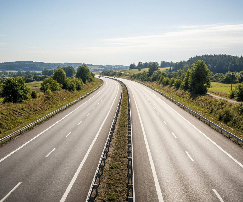 Szeroka, pusta autostrada biegnie przez środek kadru, rozdzielając się na dwie jezdnie z czterema pasami ruchu, każda z nich ma białe, przerywane linie wyznaczające pasy i ciągłe linie na poboczach. Droga delikatnie zakrzywia się w prawą stronę w oddali, prowadząc wzrok do zielonych, pagórkowatych pól i lasów na horyzoncie. Po obu stronach autostrady widoczne są skarpy porośnięte trawą i krzewami, za którymi rozciągają się pola uprawne oraz lasy liściaste i iglaste. Jasne, błękitne niebo z delikatnymi, białymi smugami chmur rozciąga się nad całością, a słońce rzuca długie cienie na asfalcie, wskazując na wczesne popołudnie lub późny poranek.