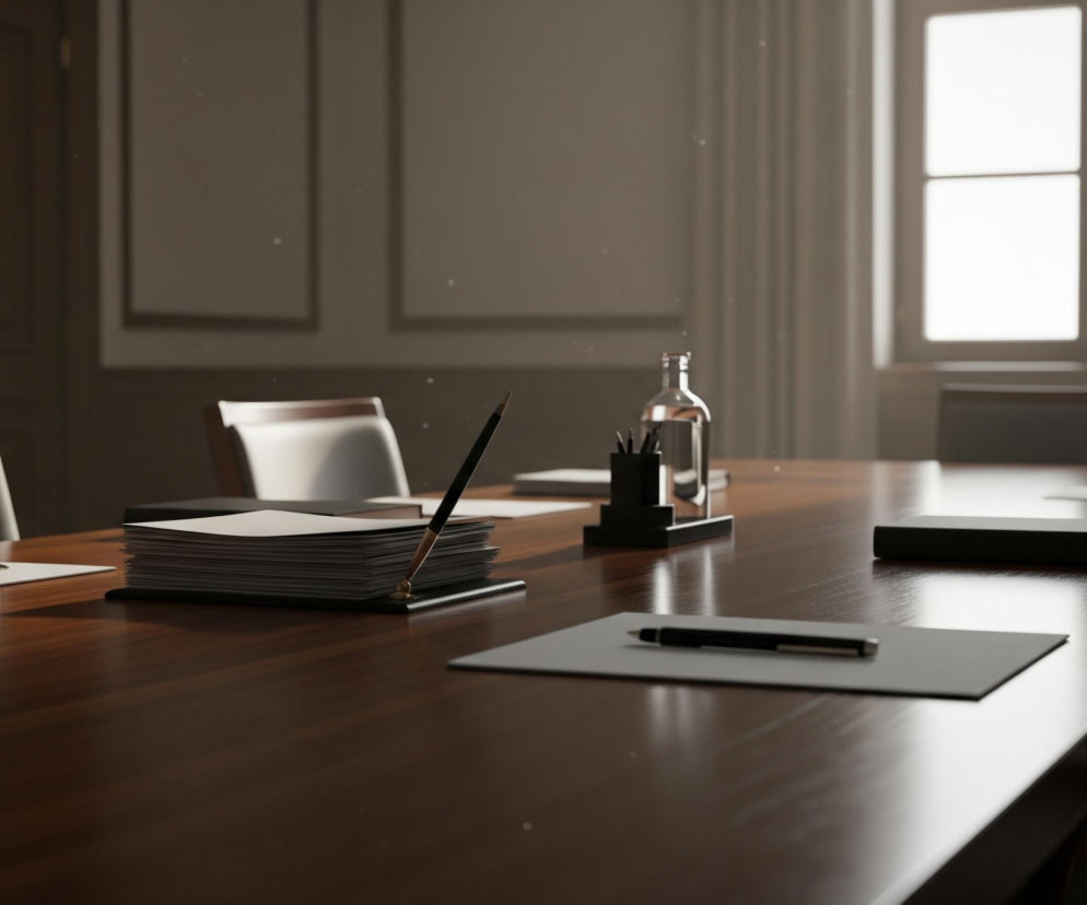 Duży, ciemnobrązowy, polerowany stół konferencyjny dominuje w centrum obrazu, rozciągając się od bliskiego planu w głąb pomieszczenia. Na stole leży kilka białych kartek papieru, niektóre ułożone w stosy, a na nich czarne długopisy z metalowymi elementami. Na środku stołu stoi organizer z długopisem i szklana butelka z wodą. Wokół stołu ustawione są krzesła z jasnymi oparciami i ciemnymi siedziskami, a ich ramy są ciemnobrązowe, wtapiające się w odcień stołu. W tle po lewej stronie widać ciemne drzwi z ozdobnymi panelami i złotą klamką, a po prawej stronie znajduje się duże, jasne okno z białymi ramami, przez które wpada intensywne światło, tworząc jasną poświatę i rozświetlając unoszące się w powietrzu drobinki.