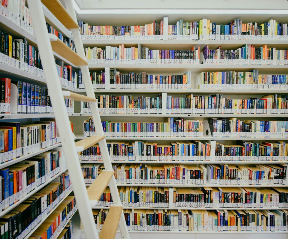 Regały pełne kolorowych książek w bibliotece i biała drabina. Quiz z ortografii rozwiążesz na SE Wrocław.