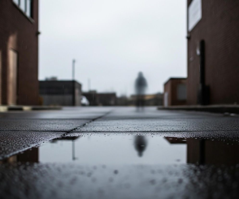 Na pierwszym planie widoczna jest mokra, ciemna nawierzchnia z wyraźnym odbiciem w kałuży. Odbicia te ukazują zamazaną postać człowieka oraz fragmenty budynków. Dwa ceglane budynki otaczają przestrzeń, tworząc ulicę lub przejście, z której wyłania się mglista sylwetka, również odbijająca się w wodzie. Deszcz pada, co widać po drobnych, pionowych liniach na tle szarego, zachmurzonego nieba.