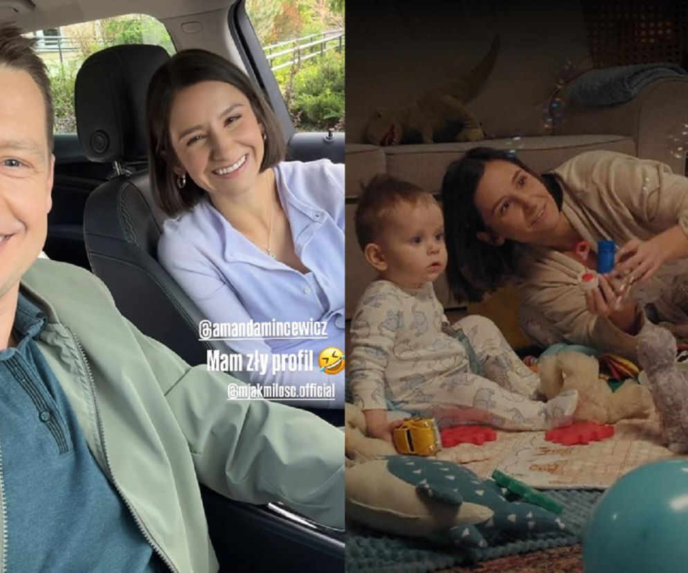 Rafał Mroczek i Amanda Mincewicz uśmiechają się do zdjęcia w samochodzie, a obok Amanda z małym dzieckiem, bawiąca się na podłodze. Te piękne sceny zwiastują nowy sezon M jak miłość, a wszystkie szczegóły znajdziesz na Super Seriale.