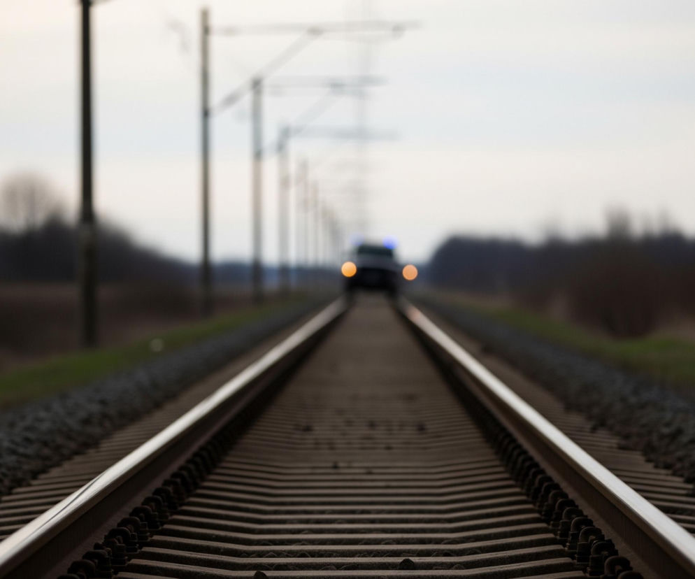 Na pierwszym planie widoczne są tory kolejowe, składające się z dwóch stalowych szyn osadzonych na drewnianych podkładach i żwirowym torowisku, biegnące prosto w głąb kadru. W oddali, na końcu torów, majaczy niewyraźny kształt pojazdu z zapalonymi pomarańczowymi światłami przednimi i niebieskimi światłami awaryjnymi na dachu. Po obu stronach torów rozciągają się zielone trawniki, przechodzące w niewyraźny, ciemny pas lasu lub zarośli na horyzoncie. Nad torami i lasem widoczne są słupy trakcyjne z rozwieszonymi przewodami, a całość uwieńczona jest jasnym, pochmurnym niebem.