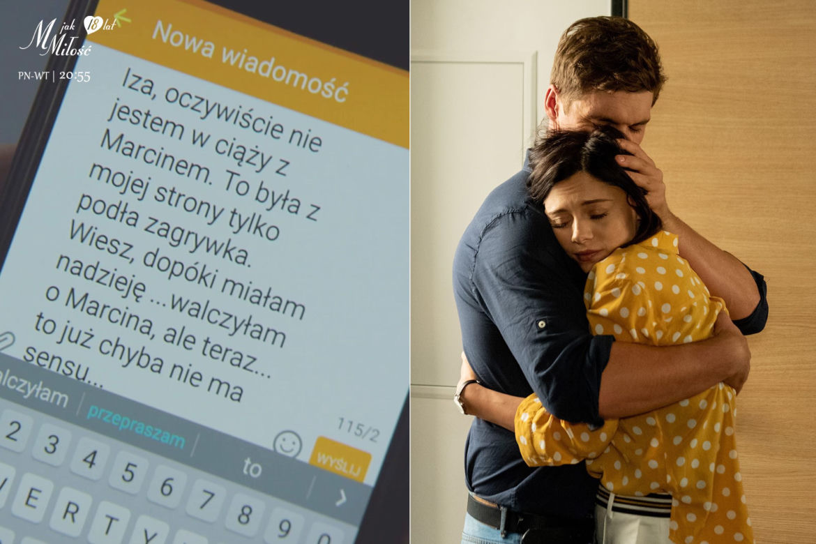 M jak miłość, odcinek 1412, Iza (Adriana Kalska), Marcin (Mikołaj Roznerski), SMS od Ani (Maria Pawłowska)
