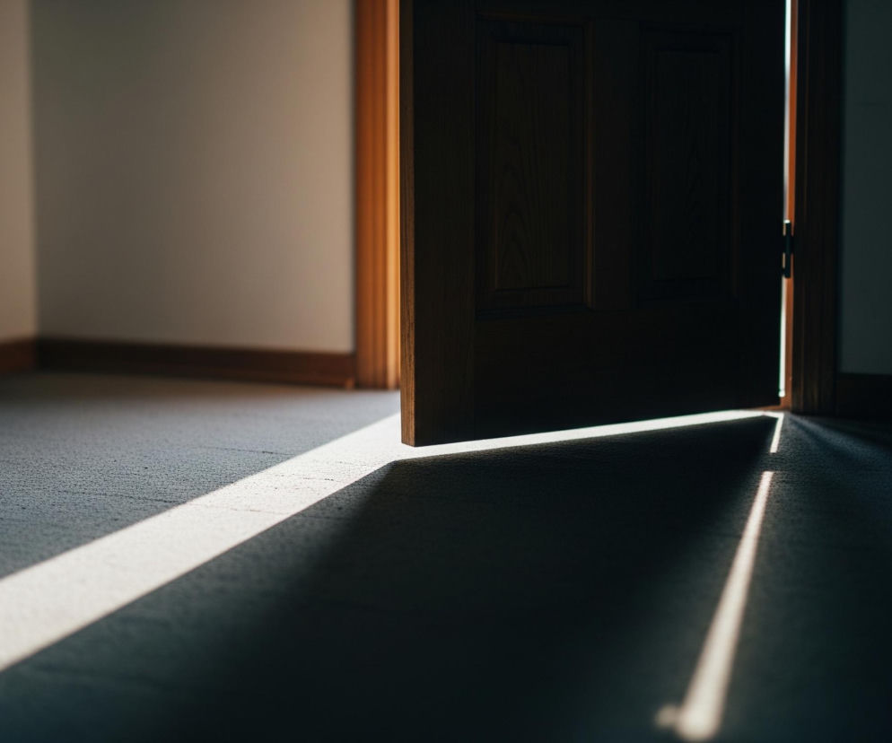 Drewniane drzwi, częściowo otwarte, są głównym elementem widocznym na obrazie. Promień światła wpada przez szparę drzwi, tworząc długą, jasną smugę na ciemnoszarej wykładzinie podłogowej. Światło oświetla również fragment ściany wewnątrz pokoju, która ma jasny, kremowy odcień, kontrastując z ciemnymi tonami reszty pomieszczenia i drzwi.