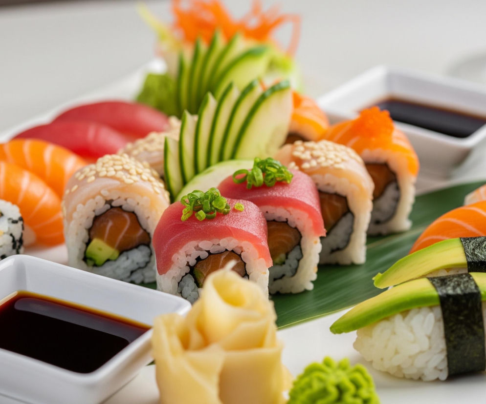 Na białym, prostokątnym talerzu ułożone są różnorodne kawałki sushi. W centrum kompozycji znajdują się rolki maki z czerwonym tuńczykiem na wierzchu, posypane zielonym szczypiorkiem, oraz inne rolki obsypane białym sezamem. Obok nich widać nigiri z plastrami pomarańczowego łososia i zielonego awokado, owinięte czarnym nori.

W lewym dolnym rogu umieszczona jest biała, prostokątna miseczka wypełniona ciemnym sosem sojowym, a tuż za nią kawałki sushi posypane czarnym sezamem. Obok miseczki leży jasnożółty, pofalowany imbir. Na talerzu znajduje się również zielona pasta wasabi oraz dekoracyjne, cienko pokrojone ogórki i marchewka.

W tle, po prawej stronie, widać niewyraźnie kilka małych, okrągłych kawałków maki, a także krawędź kieliszka.